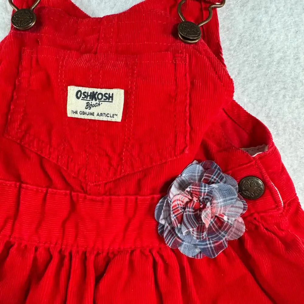 OshKosh B'Gosh 18M Corduroy Dress Red Ruffles Flower Rew White Blue